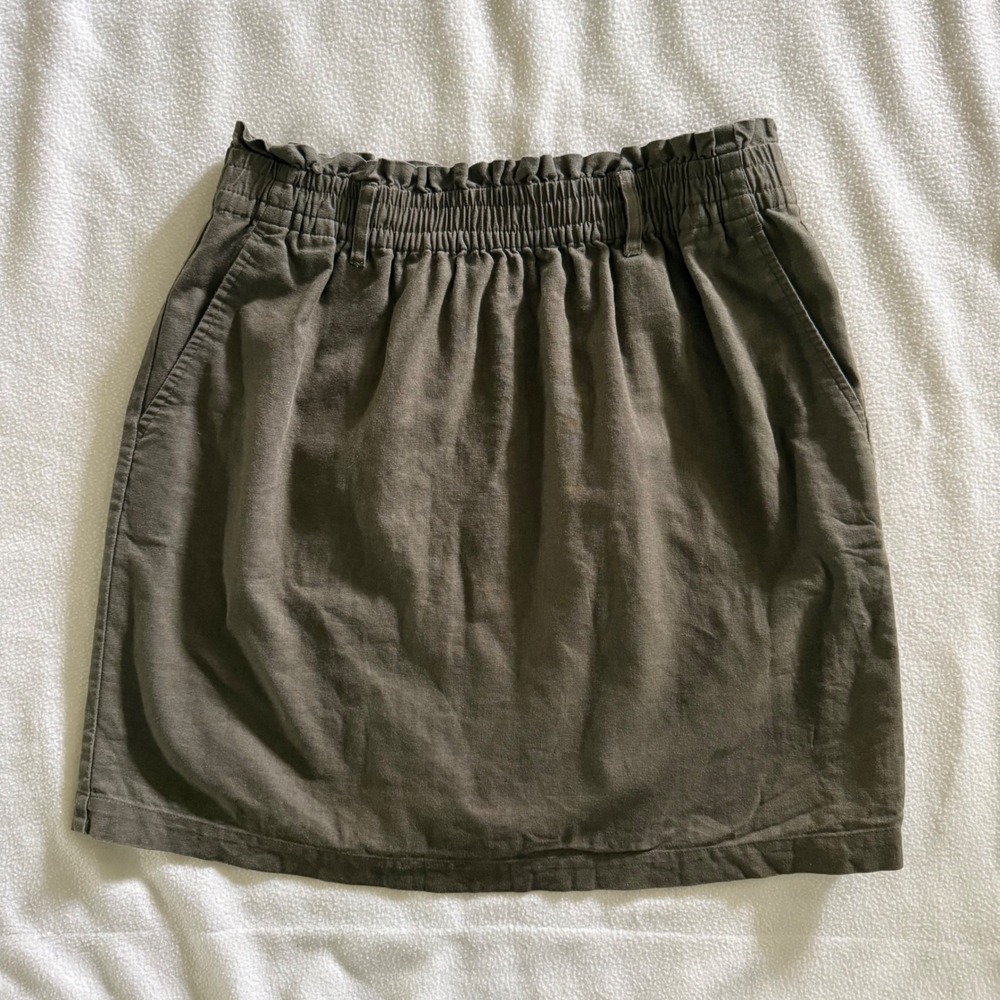 J.Crew Mini Skirt Linen Cotton Blend Elastic Paperbag Waist Olive Green M